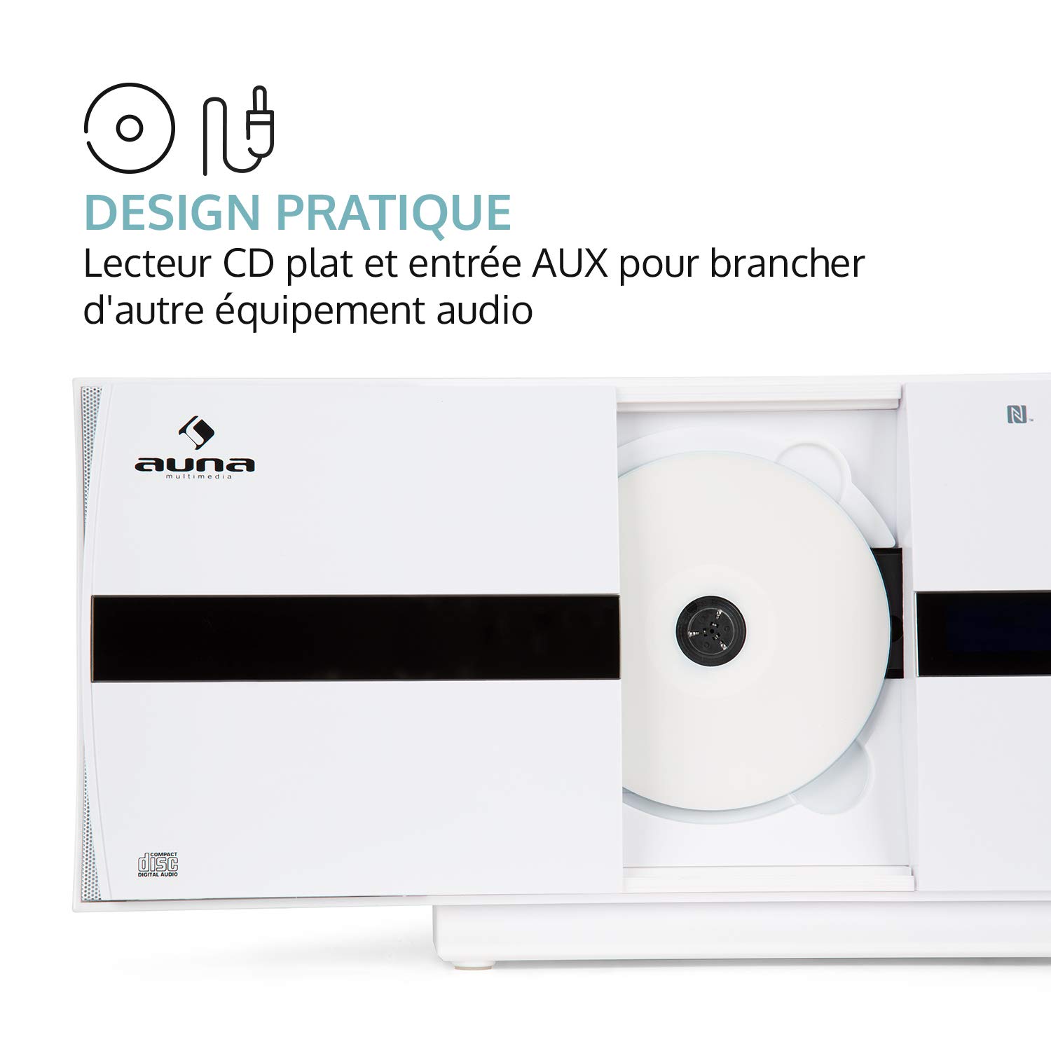 AUNA V-20 - Chaîne HiFi, Radio CD, Lecteur CD Radio, Tuner numérique Dab+ RDS, Récepteur FM, Fonction Bluetooth, Connectivité NFC, Télécommande Incluse - Blanc