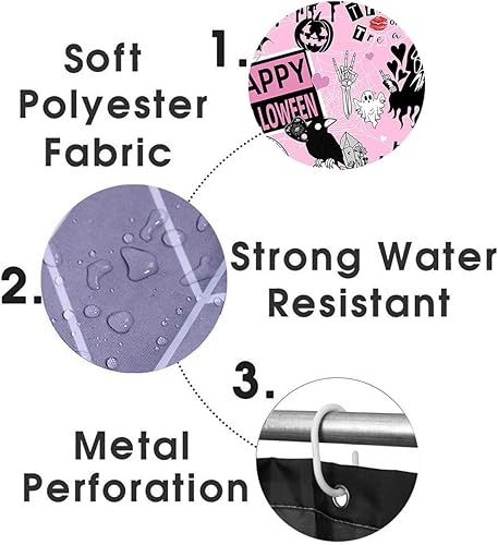 Miniatura 7 de Juego de 4 cortinas de ducha de Halloween rosas con alfombras, cortina de ducha de tela impermeable, truco o trato, gótico, bruja, espeluznante,