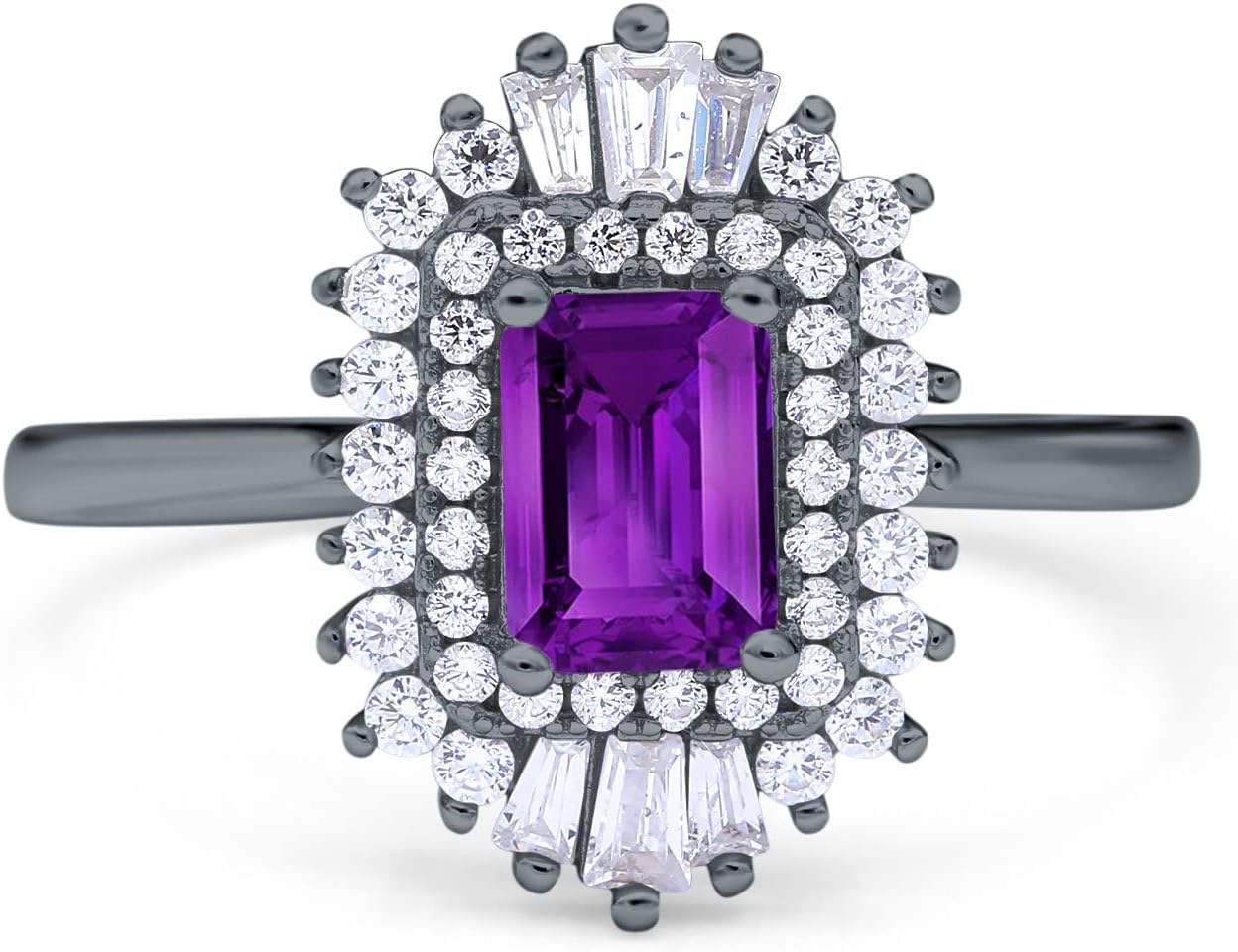 Blue Apple Co. Emerald Cut Vintage Art Deco Halo Wedding Bridal Engagement Ring Baguette Simulated Cubic Zirconia 925 Sterling Silver