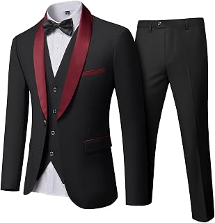 Men's 3 Piece Tuxedo Set with Bow Tie, Slim Fit One Button Shawl Lapel Suit Blazer Vest Pants, for Wedding Prom Dinners