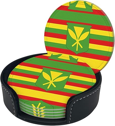 Vista 2 de Drink Coasters Set of 6, Native Hawaiian Flag Printed PU Leather Round Coaster with Holder for Outdoor, Office, Bar, Funny Heat-Resistant Home Desk
