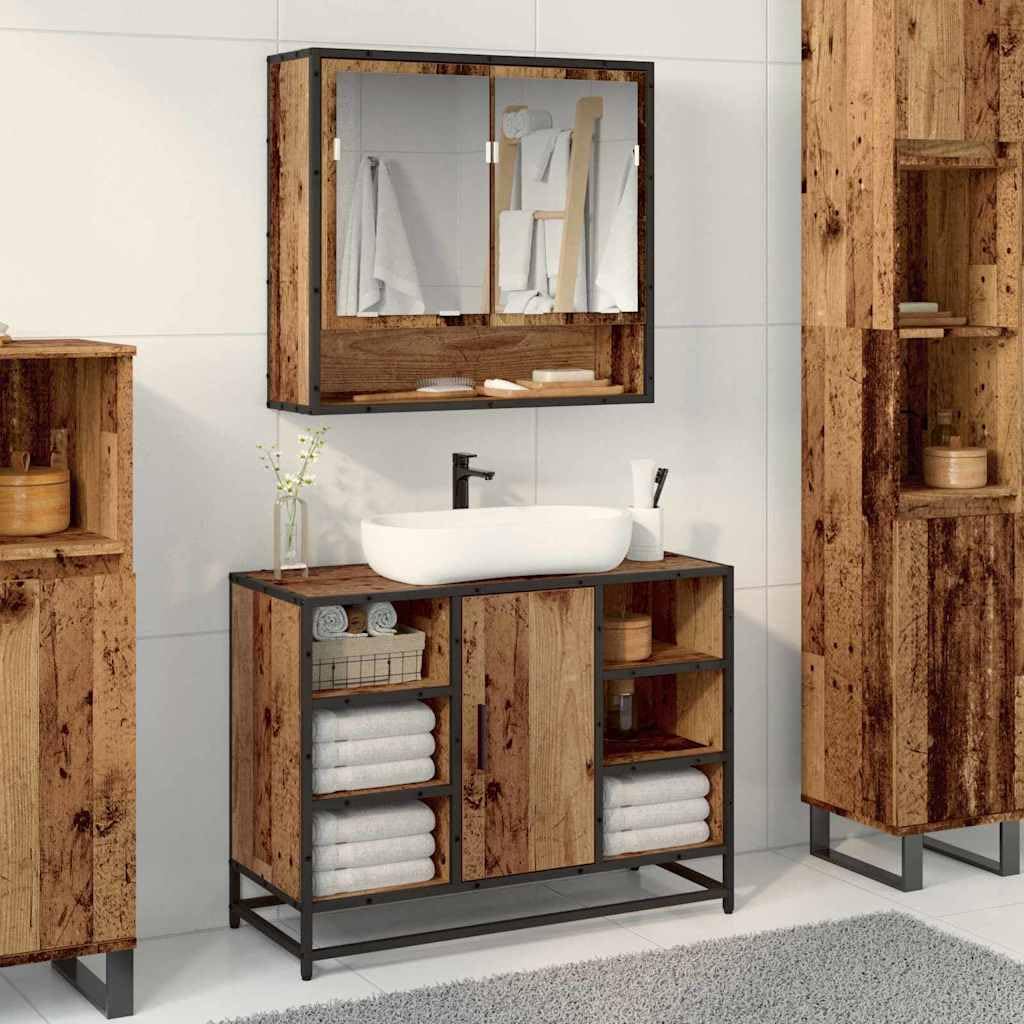 Scaffale da parete in legno anticato, 65 x 20 x 60 cm, con 3 ripiani e 2 ante, montaggio a parete per mobili da bagno e soggiorno, con ripiano e specchio, ideale come mobile sottolavabo