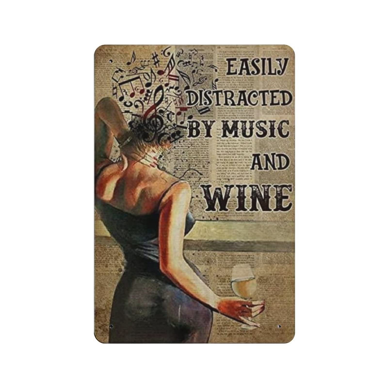 AOOEDM Easily Distracted by Music And Wine Vintage Metal Tin Sign for Home Coffee Shop Office Wall Art Metal Poster Garage Decor Man Cave Sign Inspirational Quote Wall Decor