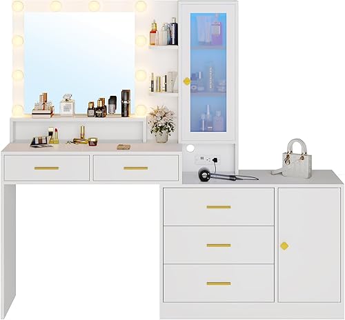 Miniatura 8 de Tocador de maquillaje blanco con luces, escritorio con espejo, juego de mesa grande con cajón, estación de carga y gabinetes RGB, mesa de maquillaje