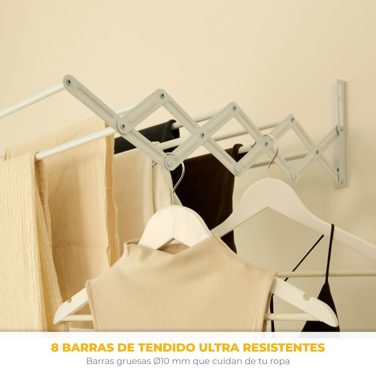 Newlux - Tendedero Extensible Pared Wall V120 (120x60x19cm) con Capacidad 12M/12KG y 8 Barras. Tendedero Pared Plegable 11 cm con Accesorio 27 Prendas Pequeñas. Interior/Exterior, Blanco