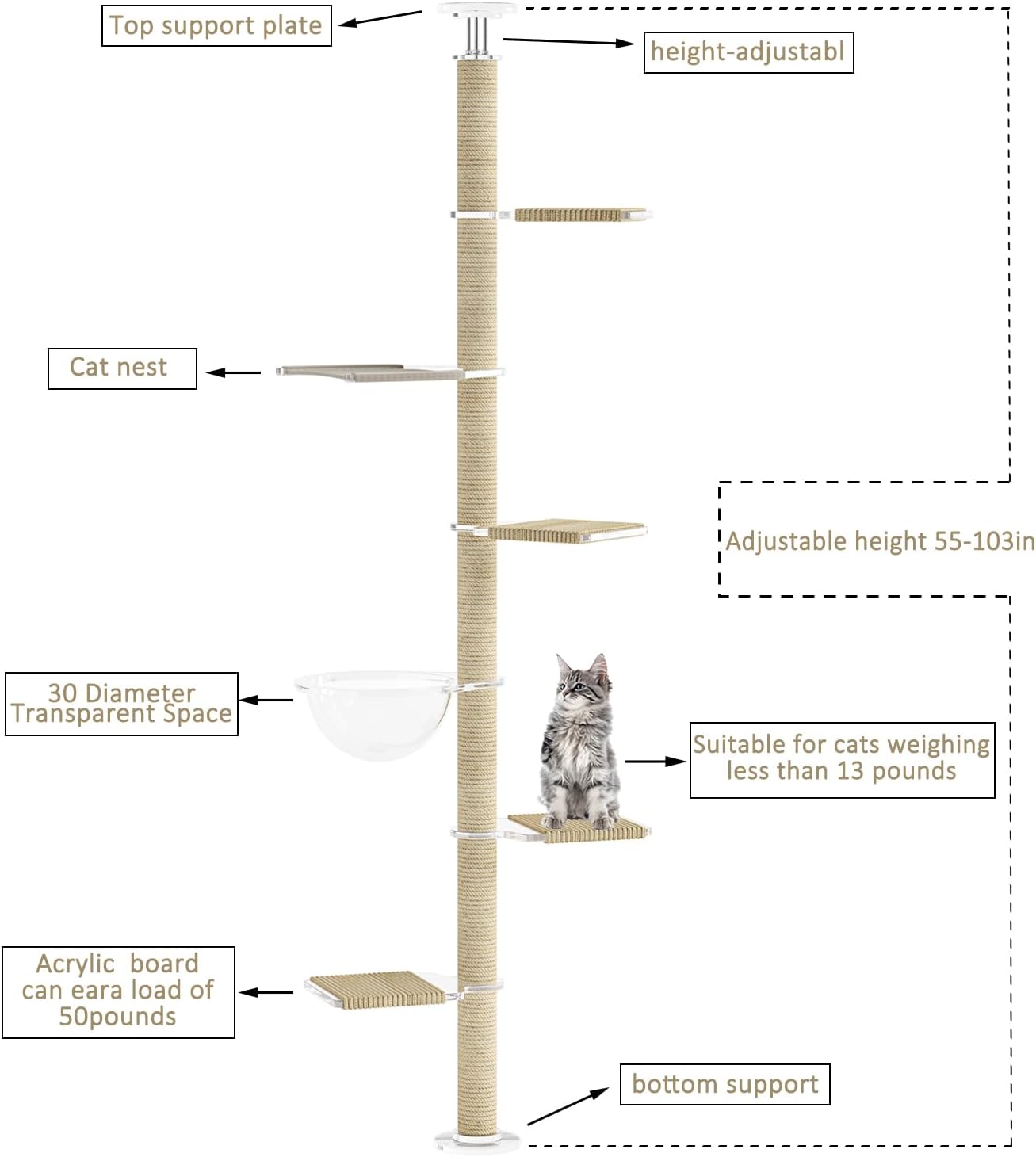 Floor to Ceiling Cat Tree, Acrylic Top Support PlateTall Cat Tower Natural Sisal Rope Scratching Post, Adjustable Height 55-103 Inches, Multi-Platform Activity Center