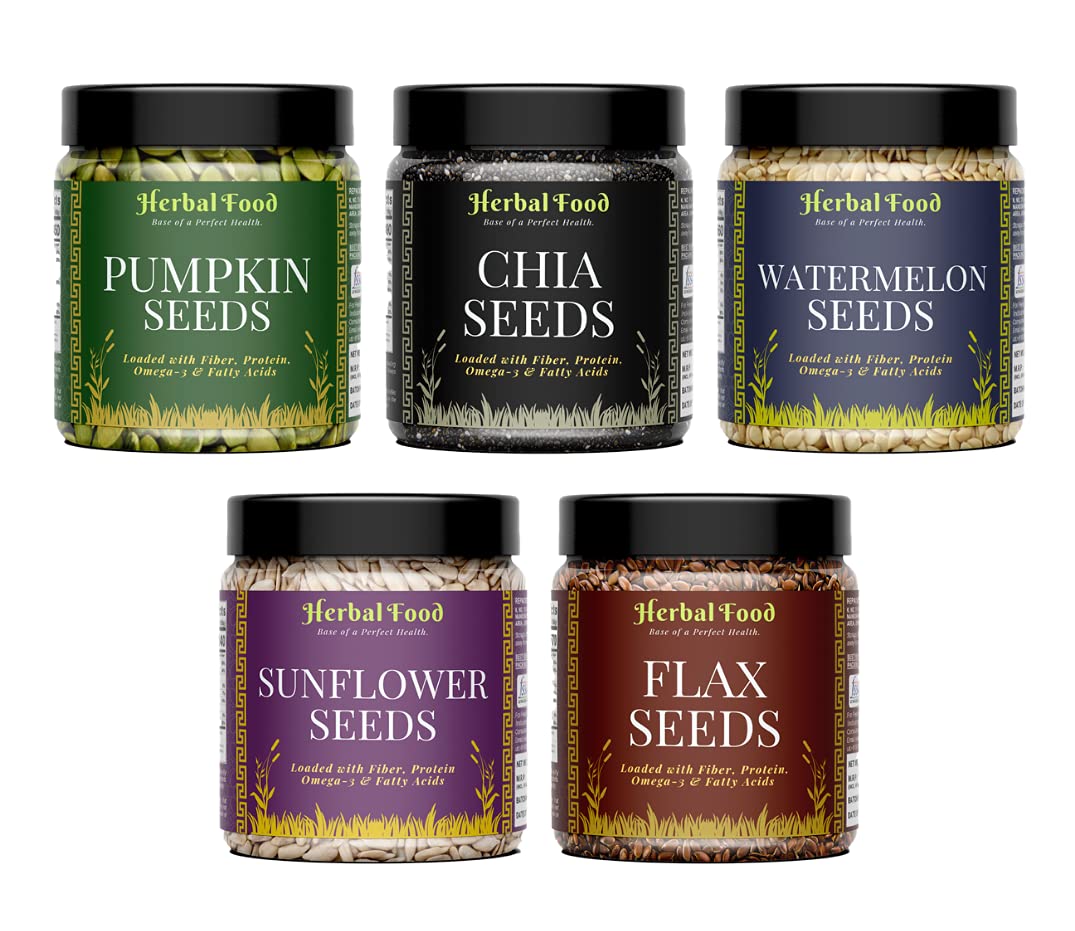 Herbal Food Seeds For Eating Combo Pack - 1.25 kg | Healthy Chia, Pumpkin, Sunflower, Flax, Watermelon Seeds 250g Each [Jar Pack] (B09H4NZCP1) Amazon Price History, Amazon Price Tracker