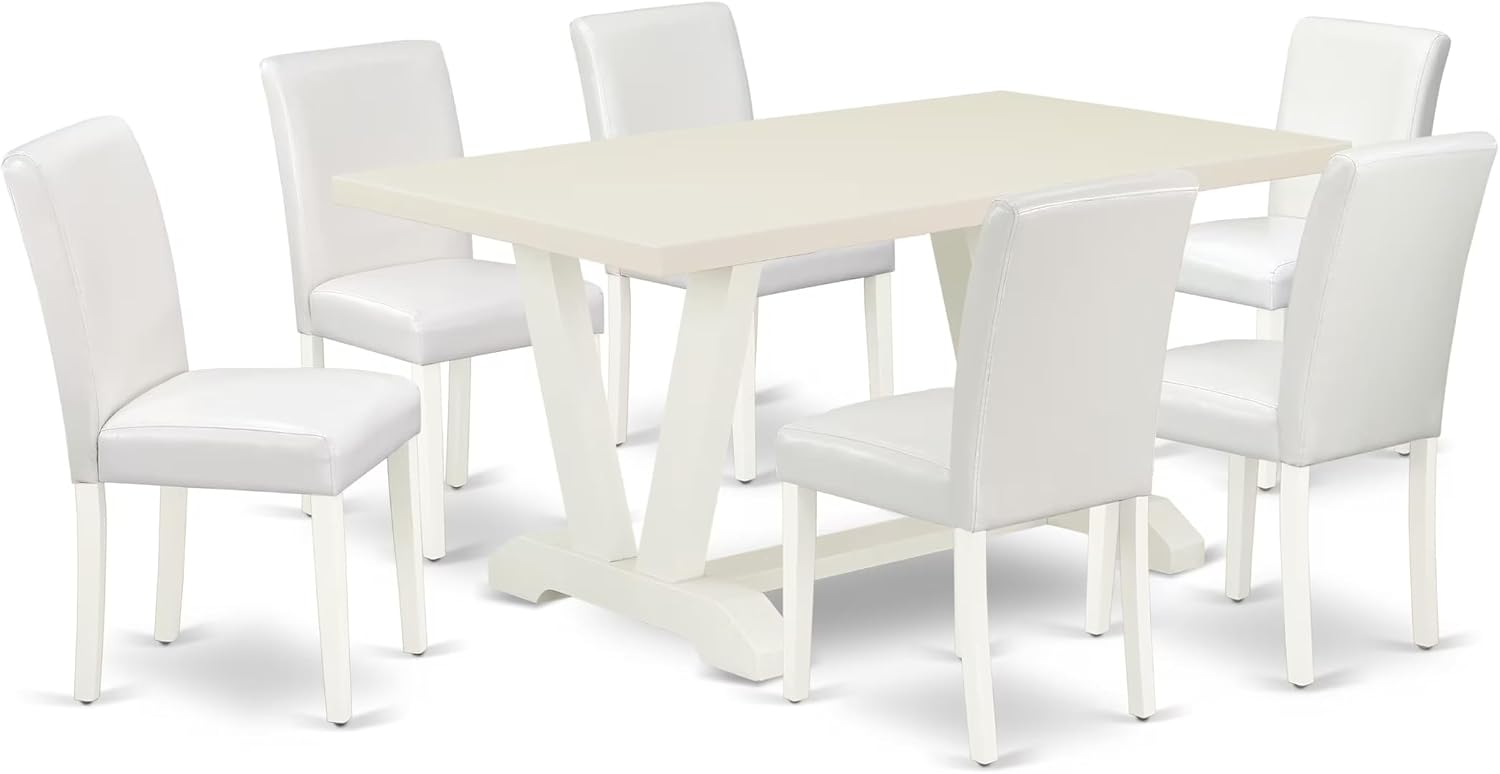 East West Furniture V026AB264-7 7 Piece Dining Room Furniture Set Consist of a Rectangle Dining Table with V-Legs and 6 White Faux Leather Upholstered Chairs, 36x60 Inch, Multi-Color
