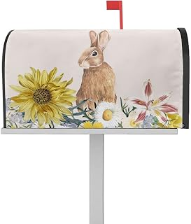 Mailbox Cover Magnetic Easter Bunny Yellow Sunflower Spring Floral Mailbox Covers Standard Size 21x18in,Mailbox Covers Wrap Post Letter Box Cover for Garden Yard Cartoon Rabbit Watercolor Plants