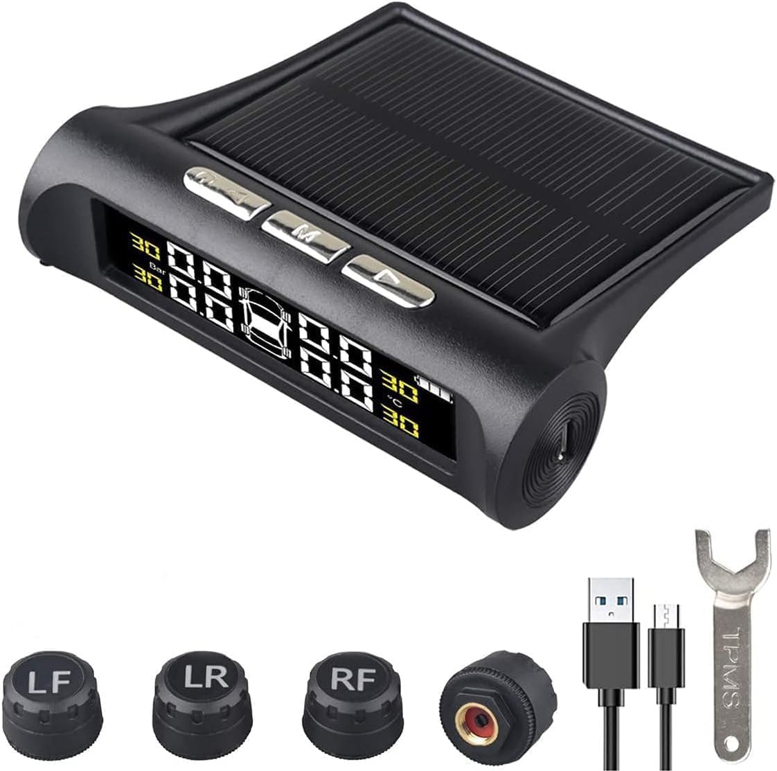 POFET Monitor Pressione Pneumatici Auto, Display rilevatore a 4 Ruote, Sistema di monitoraggio Solare TPMS, Allarme Auto Wireless Universale, per rimorchio Camper