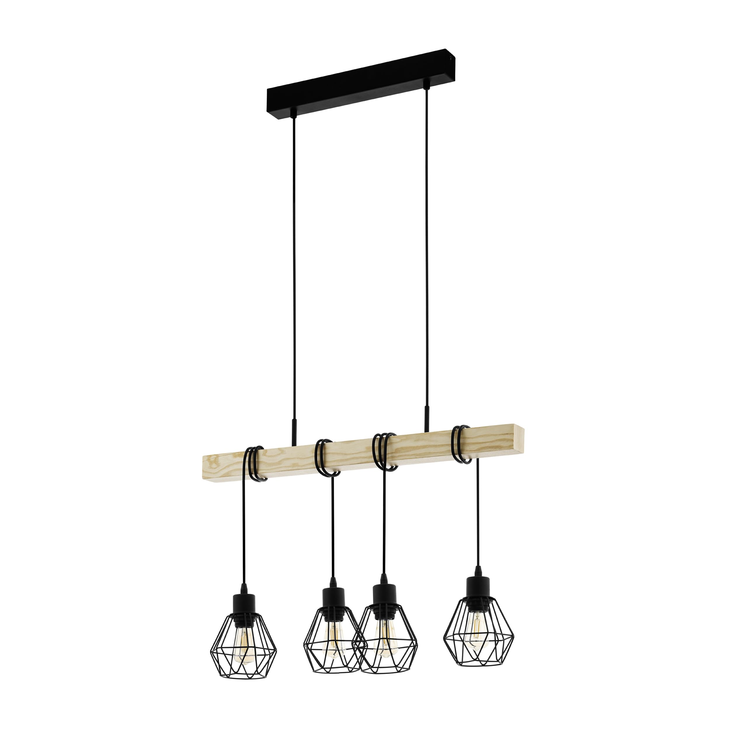 EGLO Lampa Wisząca Townshend 5 - 4-Światłowa Vintage w Stylu Industrialnym, Retro Wykonana ze Stali i Drewna, Czarna, Brązowa, Certyfikat FSC, E27
