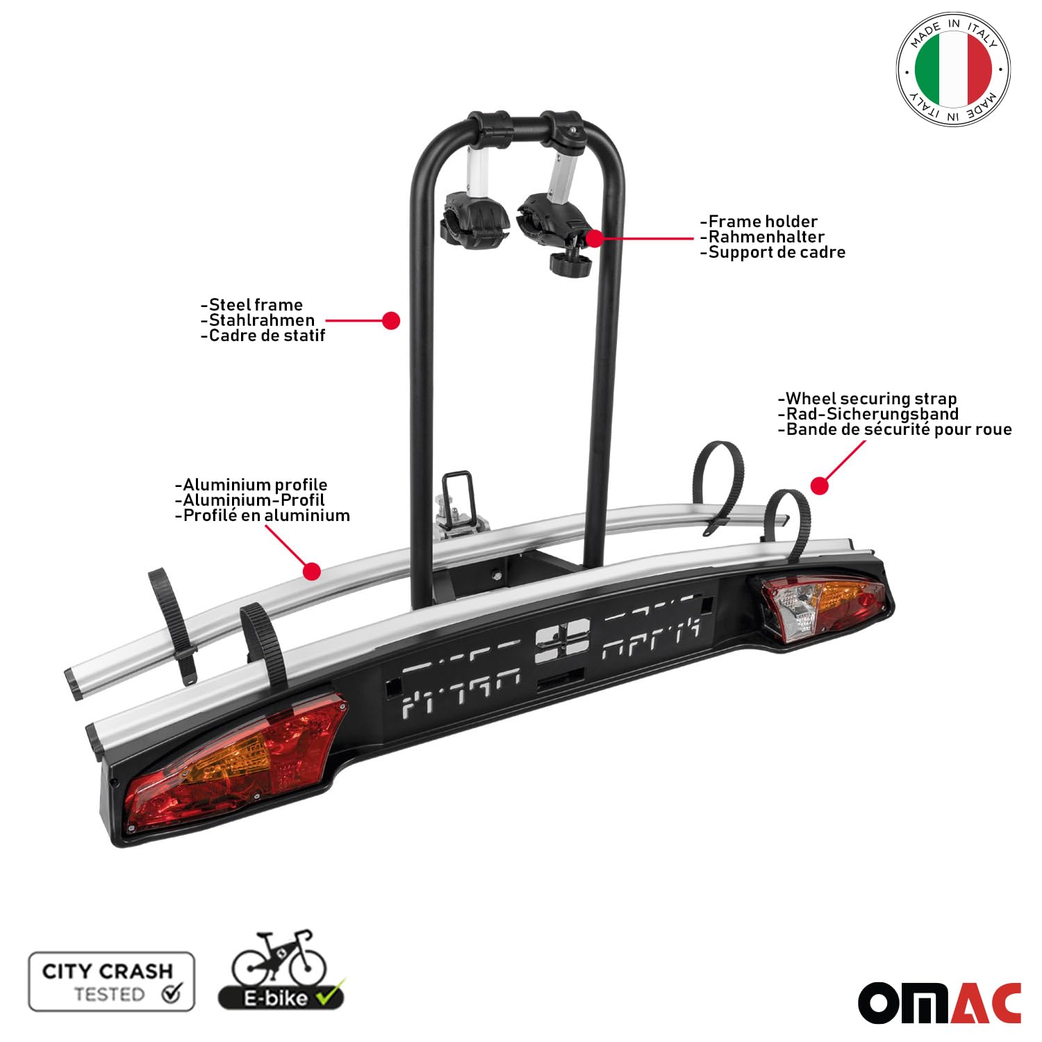 MENABO Portabici Merak Q Gancio Traino Portatutto Posteriore 2 Bici | Portatutto Posteriore Bici Pieghevole Rimovibile Leggero Accessori Cavalletto Bici Alluminio Nero Argento ABE