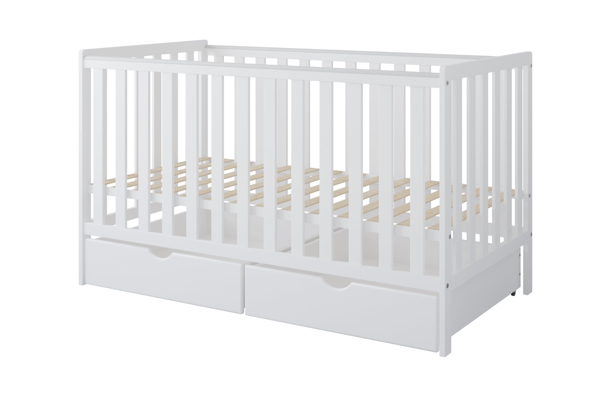 zee Cuna Bebé 140x70 cm Bambi 2 en 1 Convertible en Cama Infantil Blanco con 2 Cajones Protección Mordida Ajustable 3 Alturas Cuna Madera