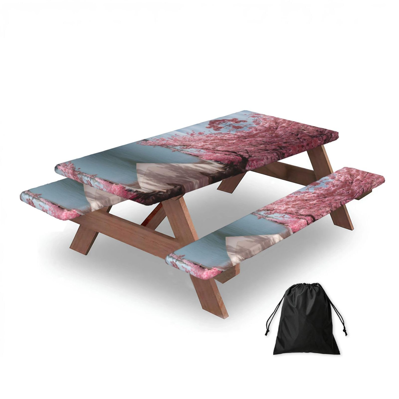 ESNAIUVCD Spring Cherry Blossoms Print Picnic Table Cover With Bench Covers,Camping Essentials,Fitted Tablecloth Cover With Elastic Edge, For Indoor & Outdoor 3 Pcs