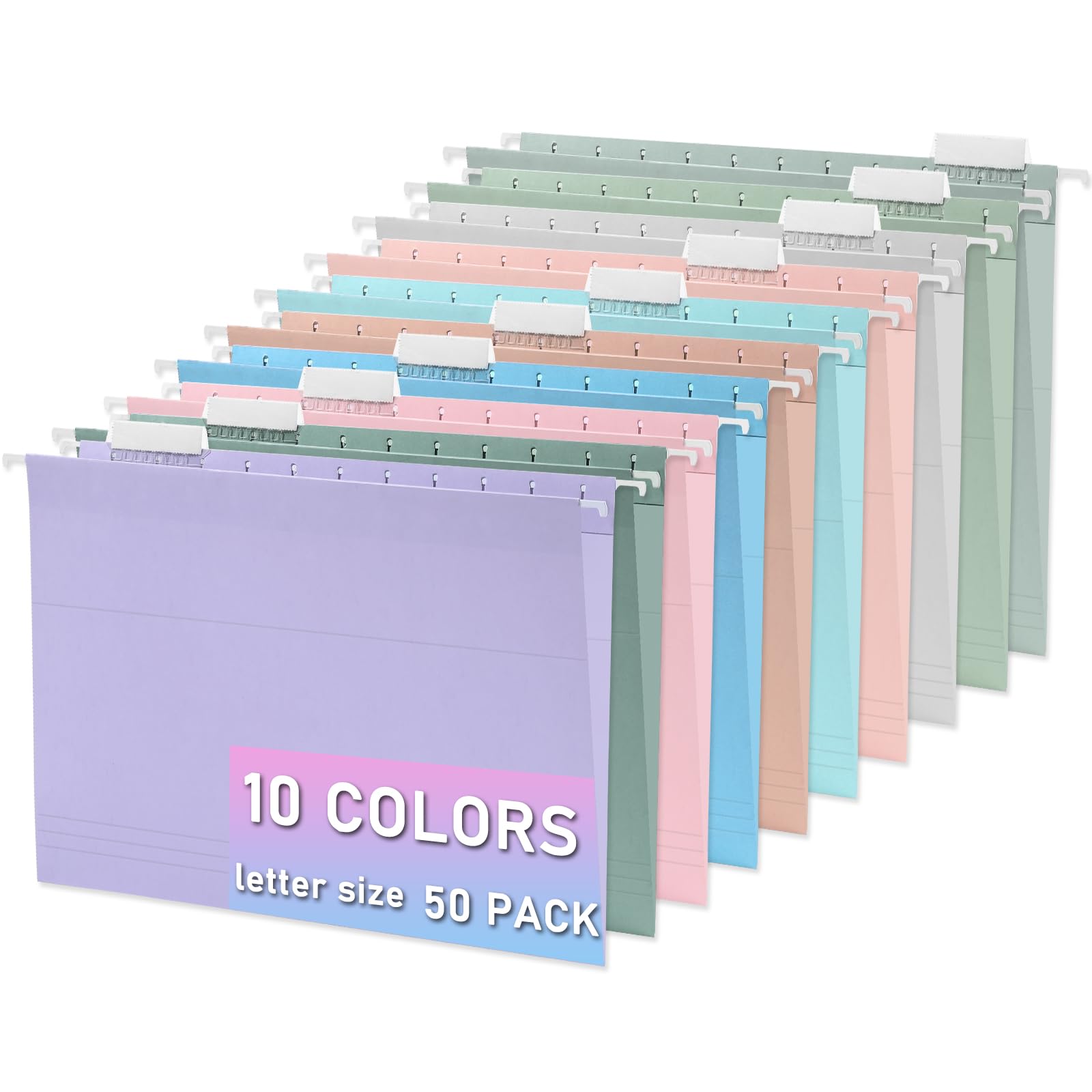 50pcs Hanging File Folders,Decorative Hanging Folder,Letter Size with 1/5-Cut Adjustable Tab Durable 10 Color Assorted for Filing Cabinet Drawer Desk Office Home