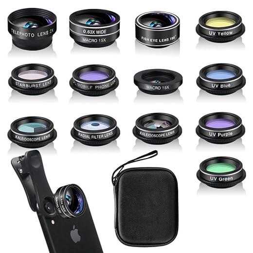 Phone Camera Lens Kit (13 Pieces) for iPhone 11 Xs 10 8 7 6 Plus SE Samsung and Most Andriod Phone- Wide Angle Lens & Macro Lens+Fisheye Lens and More