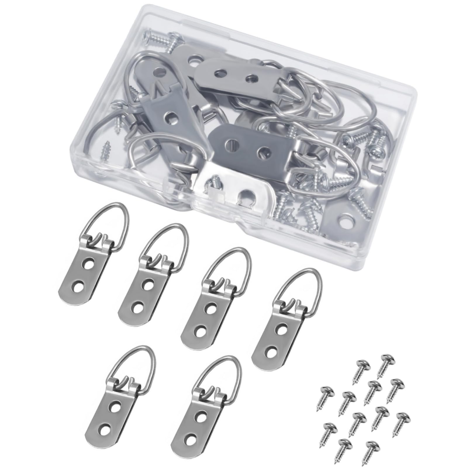 MAKABEE 10 Pcs D-Ring Steel Picture Hangers with 20 Pcs Screws，Heavy Duty Double Holes Picture Hooks for Hanging Clock Paintings , Mirror, Decoration, Paintings