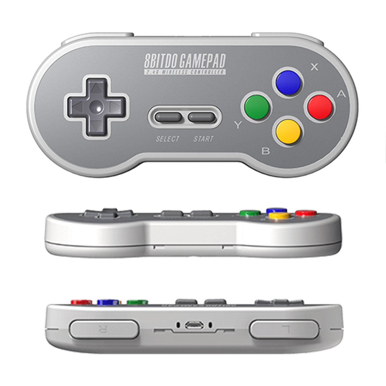 8Bitdo SF30 2.4G Wireless Controller top, side, and bottom views