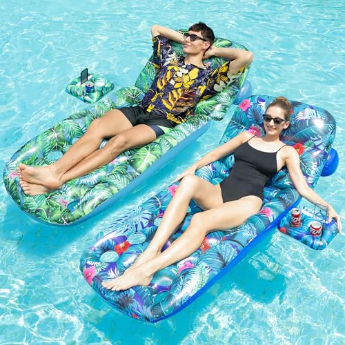 FindUWill Pool Floats Adult - 2 Pack Inflatable Pool Float with Cup Holder, Headrest, Pool Lounger Floaties Raft Heavy Duty, Pool Float Lounger Cooling Pool Floaties for Vacation