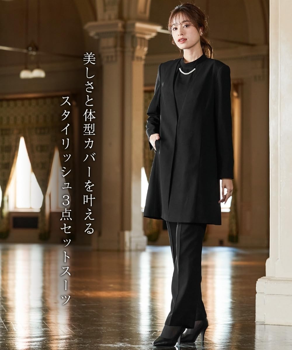 [ニッセン] 喪服・礼服 洗える防しわフォーマル3点セットパンツスーツ（ロング丈ノーカラージャケット＋パール調デザインブラウス＋スト