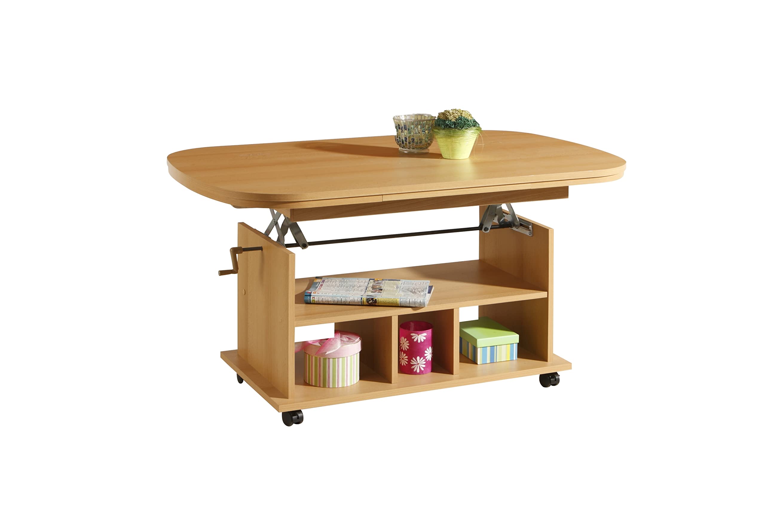 Hela Tische, Babsi - Mesa Auxiliar (Material Compuesto de Madera, Revestimiento de Melamina, Diseño de Haya, Altura Regulable 53-63 cm, Extensible 107-157 cm, con Ruedas)