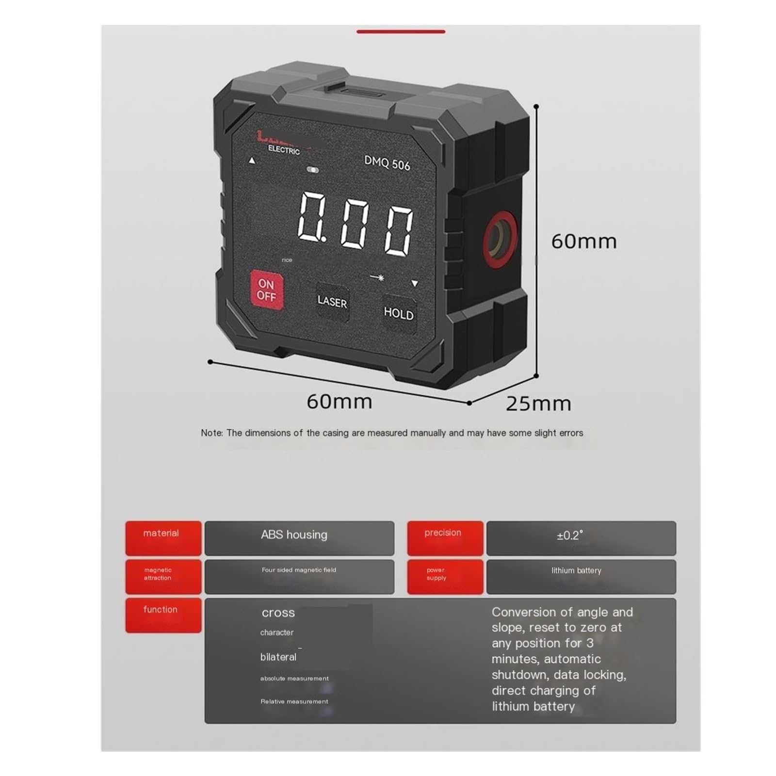 Inclinometro Digitale, DMQ503B/506 Livello Elettronico Digitale LCD Goniometro Pendenza Misuratore di Angolo Strumenti di Misurazione(DMQ506(Four-sided magnetic))