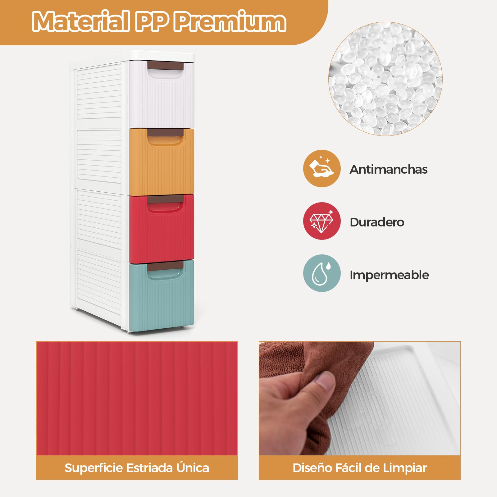 COSTWAY Comoda Dormitorio con Cajones, Gabinete de Almacenamiento Estrecho con Ruedas Incorporadas y Prácticas Asas de Tracción, Armario de Baño Pequeño para Dormitorio y Salón