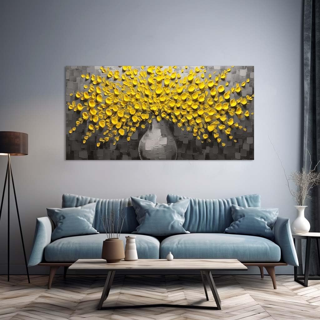 Abstract Yellow Flower Canvas Wall Art 40x20 Inch – Modern Floral Painting Gold Yellow Leaves Print Gallery Wrapped Canvas Artwork for Living Room Bathroom Bedroom Home Decor