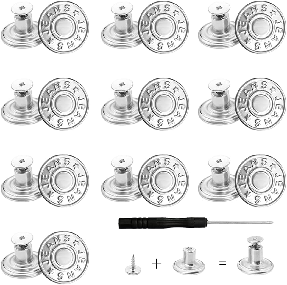 – 10 Pcs Silver Metal Jean Button Pins, 17mm No Sew, Reusable, Easy to Use, Widely Use, Adjustable, Removable, with Screwdriver