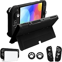 Switch OLED Case Protective Case for Nintendo Switch OLED Model 2021, Dockable Case Compatible with Switch OLED and Joy-Con Controller Grip Case with Screen Protector & 2 x Thumb Grip Caps (Black)
