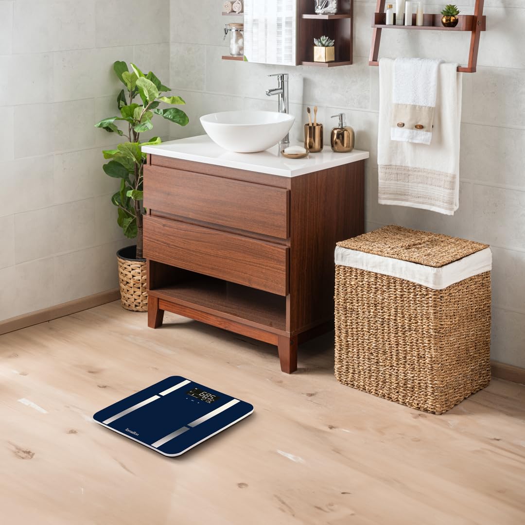 TERRAILLON - X LINE FIT- Bilancia elettronica per persona, Impedenzometro, Analisi delle masse grasse, muscolare, idrica, ossea IMC, Grande schermo retroilluminato, Capacità 180 kg, Vassoio in vetro,