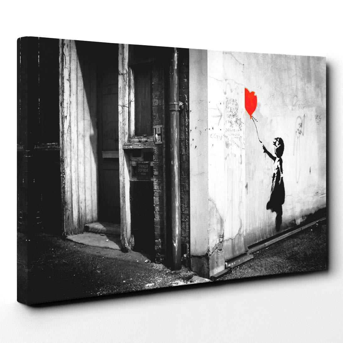 Banksy Girl with Balloon Graffiti Wall Art Canvas Print | Gallery Wrapped 30mm Frame Wall Decor | 20x14 inches | Ready to Hang | Pop Art People Picture | Living Room Bedroom Lounge Office