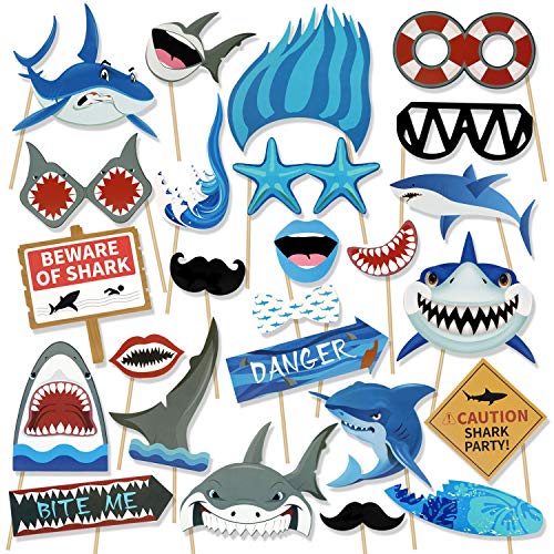 Konsait Shark Photo Booth Props(25Count), Ocean Sea Themed Jawsome Shark Party Photo Props Birthday Party Photo Booth Props for Kids Boys Party Decoration Blue Shark Zone Party Supplies