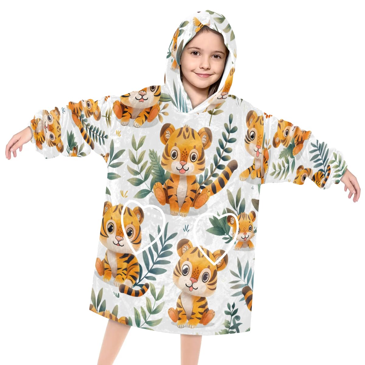 Wearable Blanket Hoodie for Kids, Stealthy Tiger Fleece Sweatshirt Blanket Oversized Blanket Sweatshirt with Pocket Flannel Warm Hooded Blanket 6-10 Year Old Girl Boy Gift, One Size