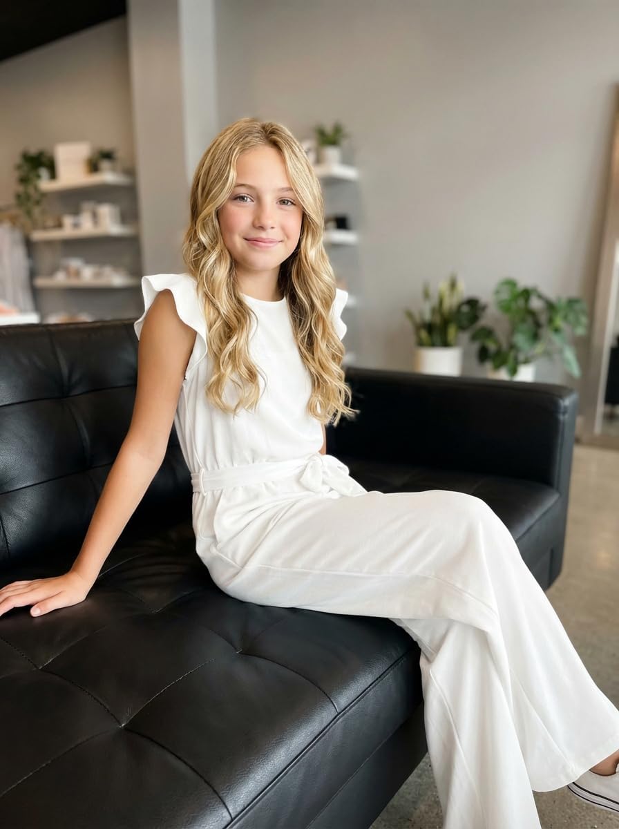 Yoklass Jumpsuit for Girls Casual Cap Sleeve Romper Belted Wide Leg One Piece Outfit - Image 3