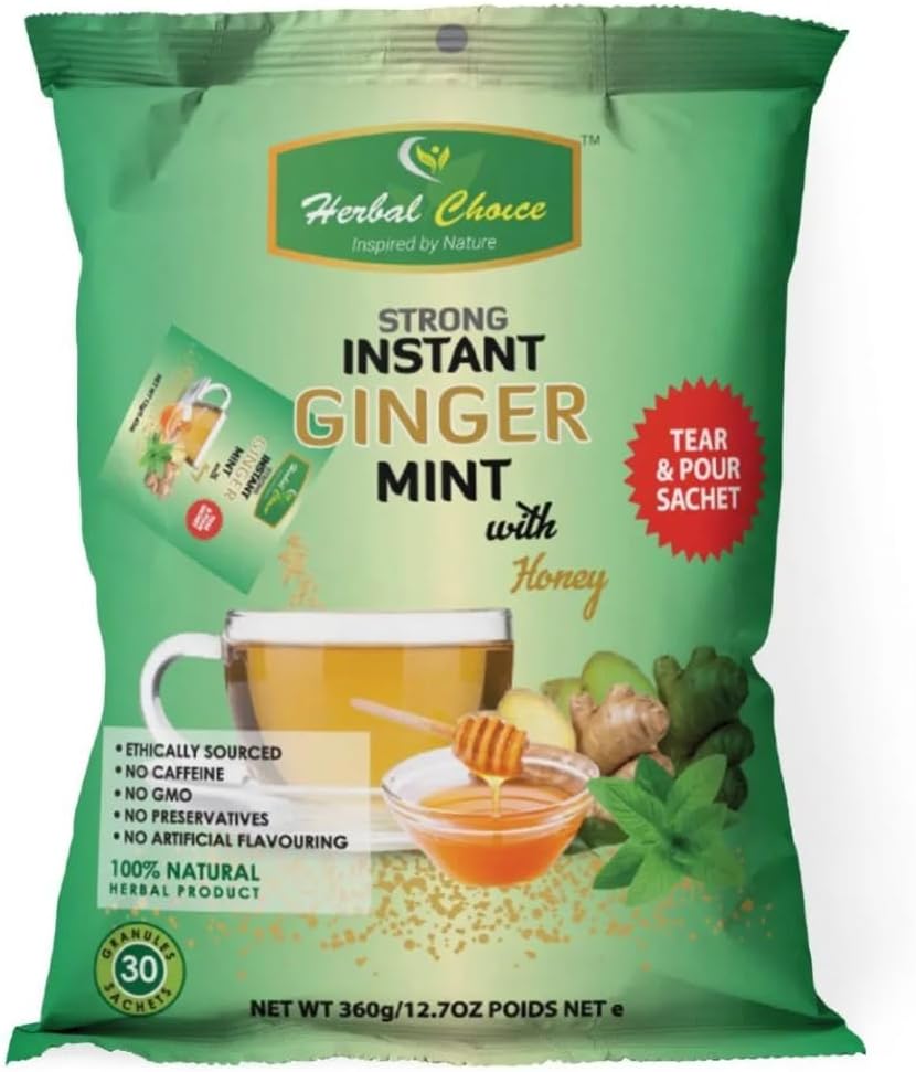 Herbal Choice Strong Instant Ginger Mint Tea with Honey – 30 Sachets | Herbal Tea for Digestion, Throat Soothing & Refreshment – Tea Granules