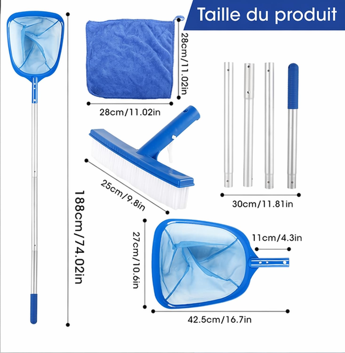 Kit Piscine Nettoyage Epuisette Piscine Maille Extra Fine avec 146cm Télescopique Réglable, Brosse de Piscine et Chiffons de Mettoyage pour étangs, Bains à remous, Pataugeoires