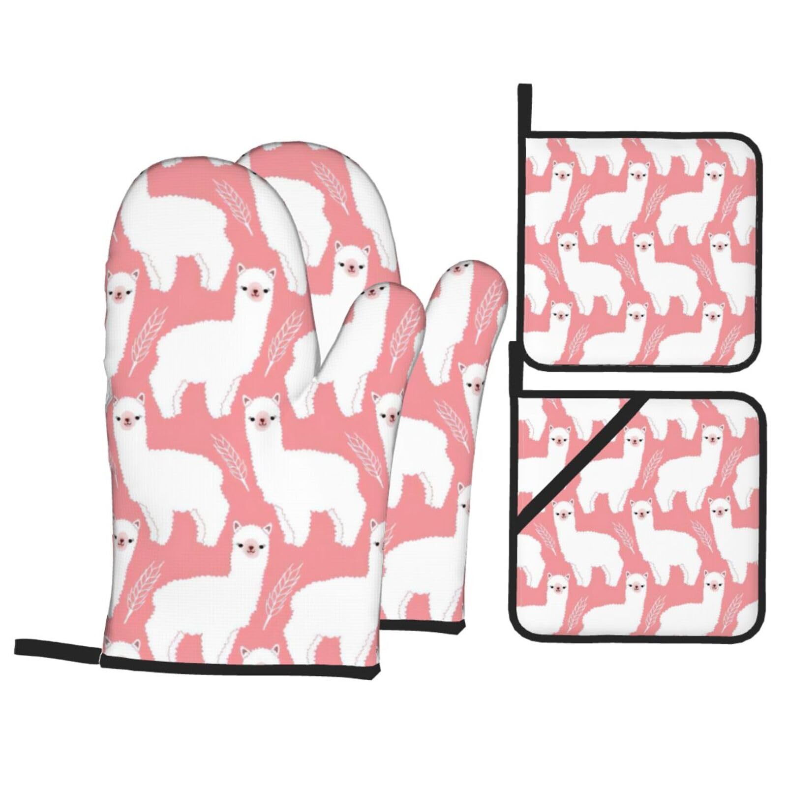 Alpaca Llama Print Kitchen Oven Mitts And Pot Holders Set,Hanging Loop Design For Cooking Baking Bbq