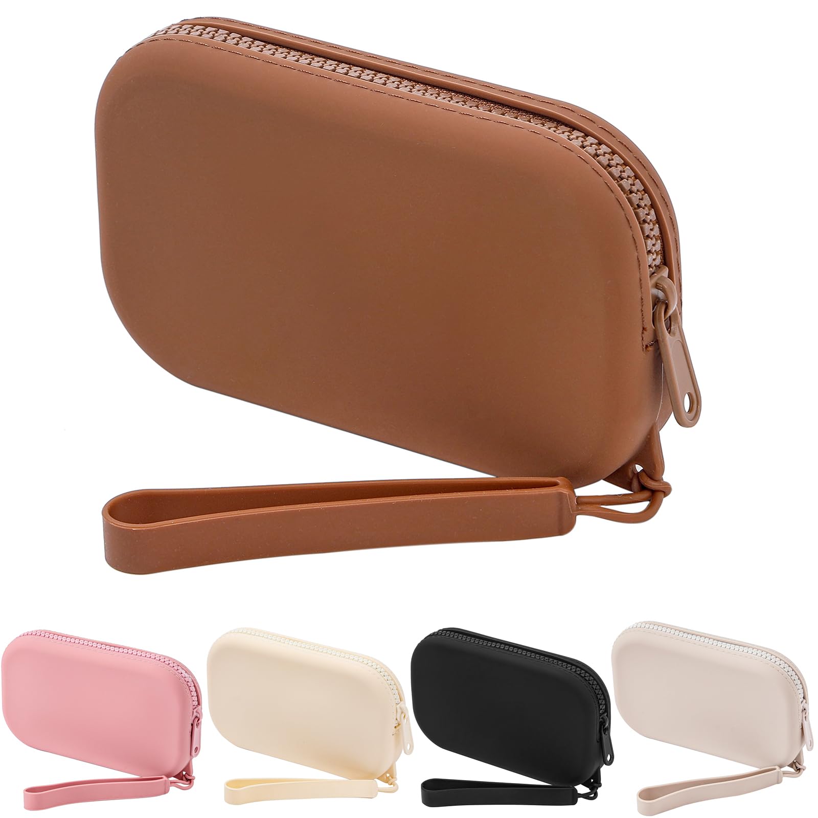 HHQQWZ Portable Silicone Makeup Bag for Women, Small Travel Waterproof Toiletry Cosmetic Bag, Zipper Closure Organizer Makeup Case with Handle (Brown)