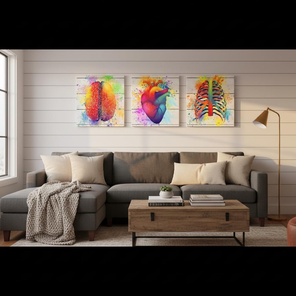 DuoBaorom Human Brain Rib Cage Heart Canvas Wall Art 3 Pieces Anatomical Artwork Clinic Medical Office Wall Decor 12"x12"