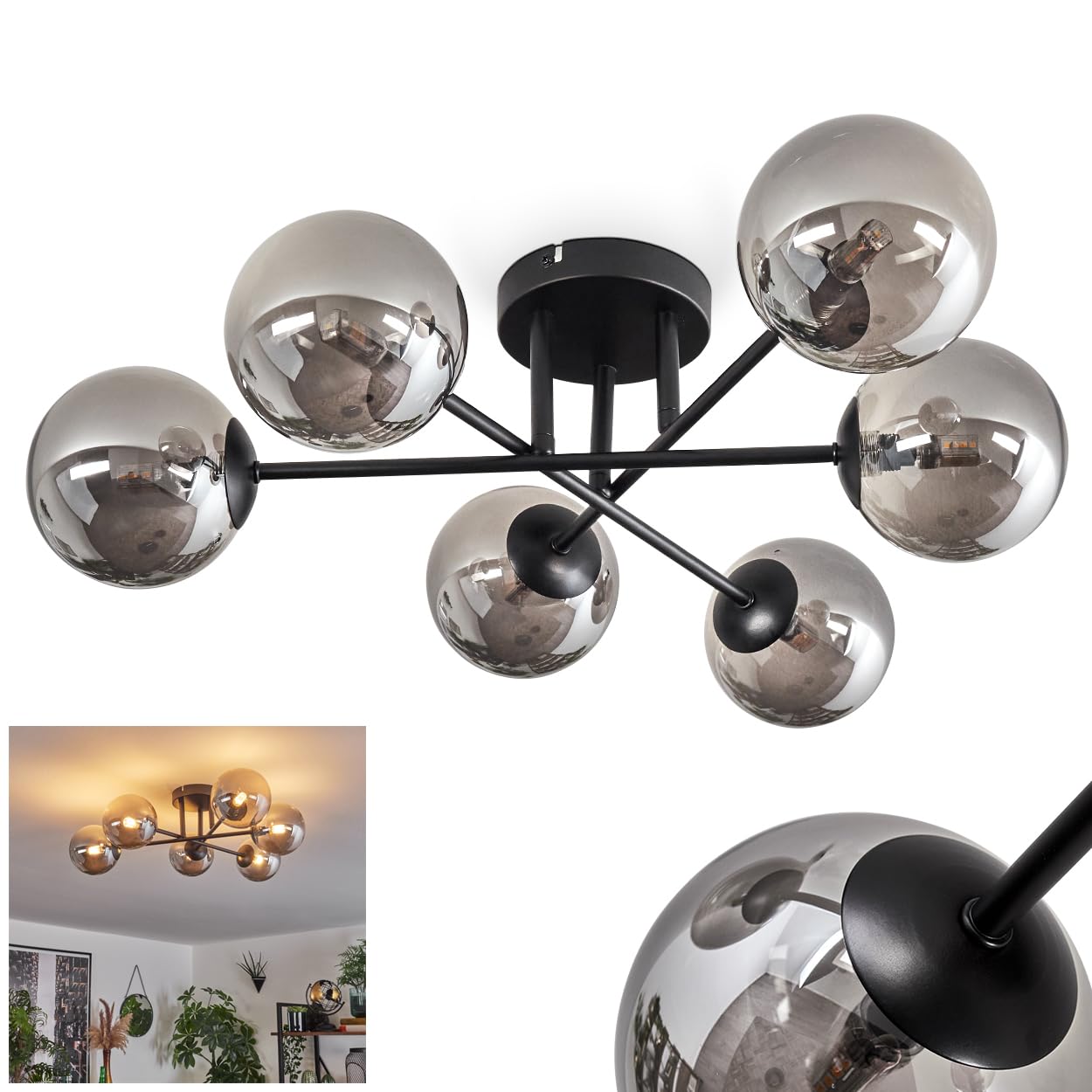 Hofstein Black Chehalis Ceiling Light, Ceiling Lamp Made Of Metal/Glass In /Smoke Colour, Luminaire In Modern Retro/Vintage Design With Glass Shades (Ø 12 Cm), 6 X G9, Without Bulbs