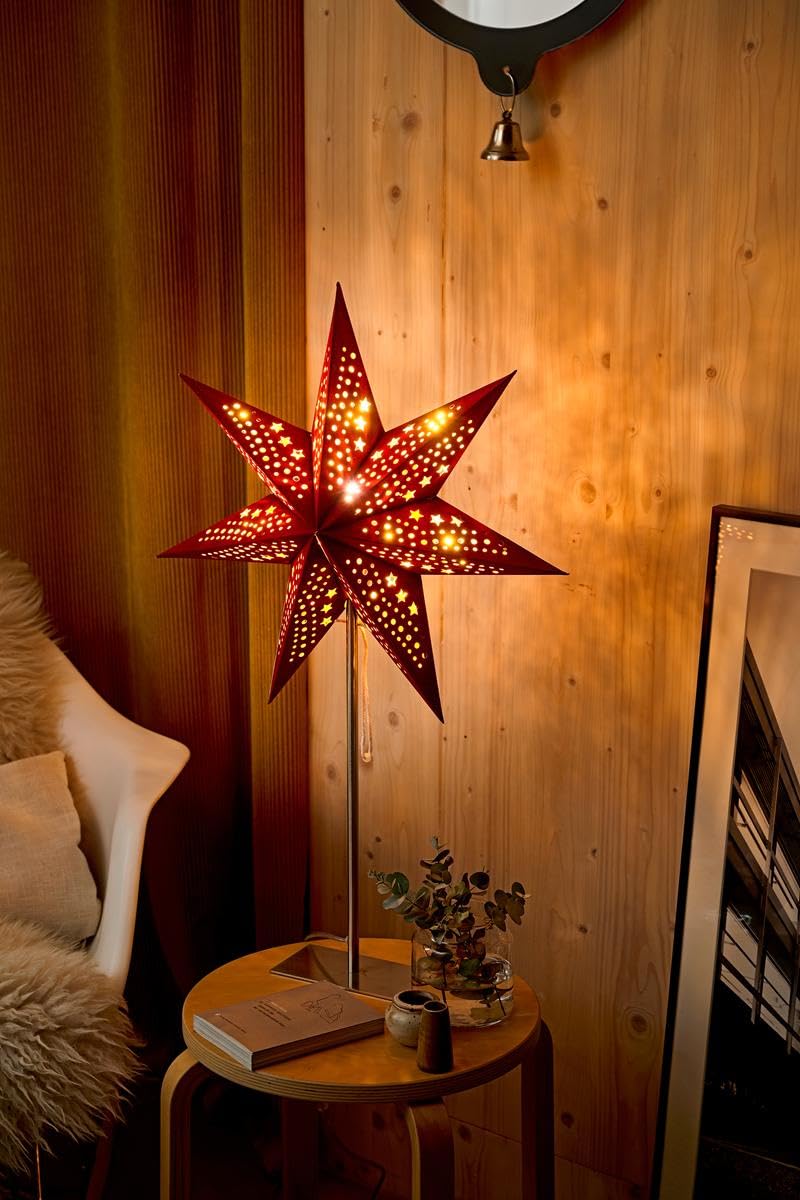ZICOM Dekostern Weihnachtsstern Papierstern samt, rot 45cm mit Ständer für Weihnachten, Hochzeiten, Party, Dekoration, Geschenkidee, 230V 50Hz, E14 Fassung mit Euro-Flachstecker