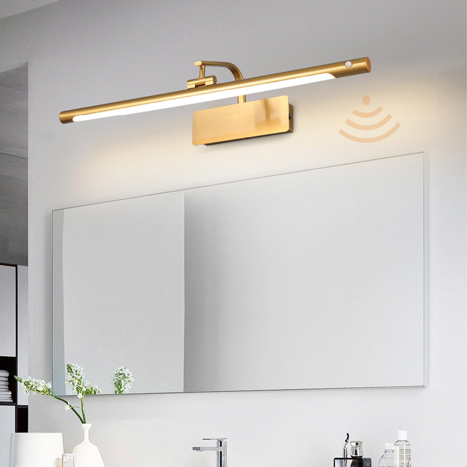LED Spiegelleuchte Bad mit Bewegungsmelder Modern Wandleuchte Faltbar Einstellbarer Winkel Wasserdicht Wandbeleuchtung Bildbeleuchtung für Schminktisch Badezimmer (Goldenes Neutrales Licht,50cm)