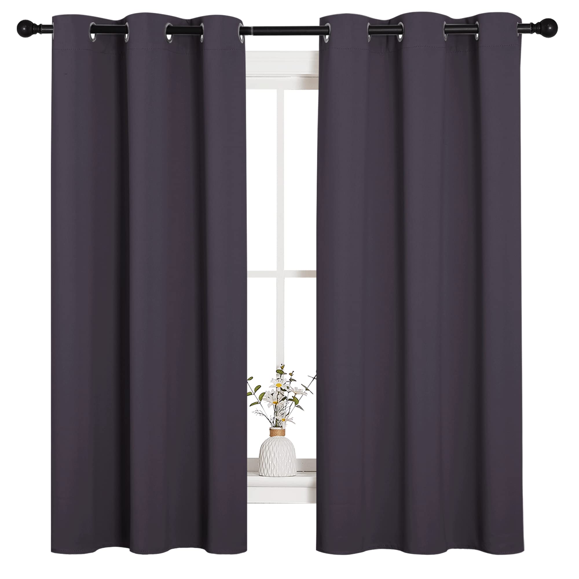 NICETOWN Small Window Blackout Curtains, Home Decoration Thermal Insulated Solid Ring Top Blackout Curtains/Drapes for Bedroom(Greyish Purple, Set of 2, 42 x 63 Inch)