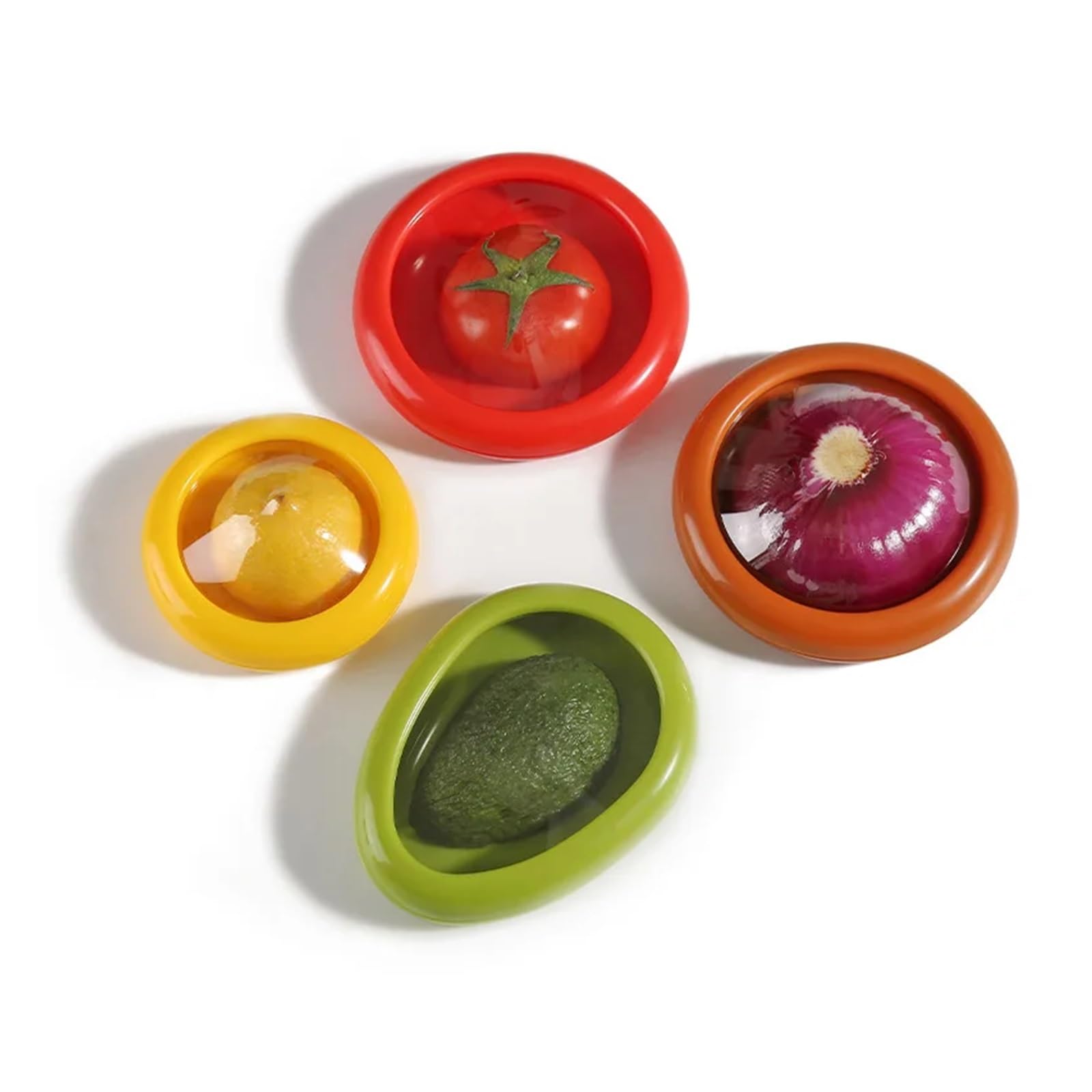 4pc Silicone Fruit And Vegetable Storage Container Set for Fridge，Avocado Silicone Saver，Tomato Storage Container，Onion Keeper，And Lemon Saver for Fridge。(4PCS- Fruit And Vegetable Saver)