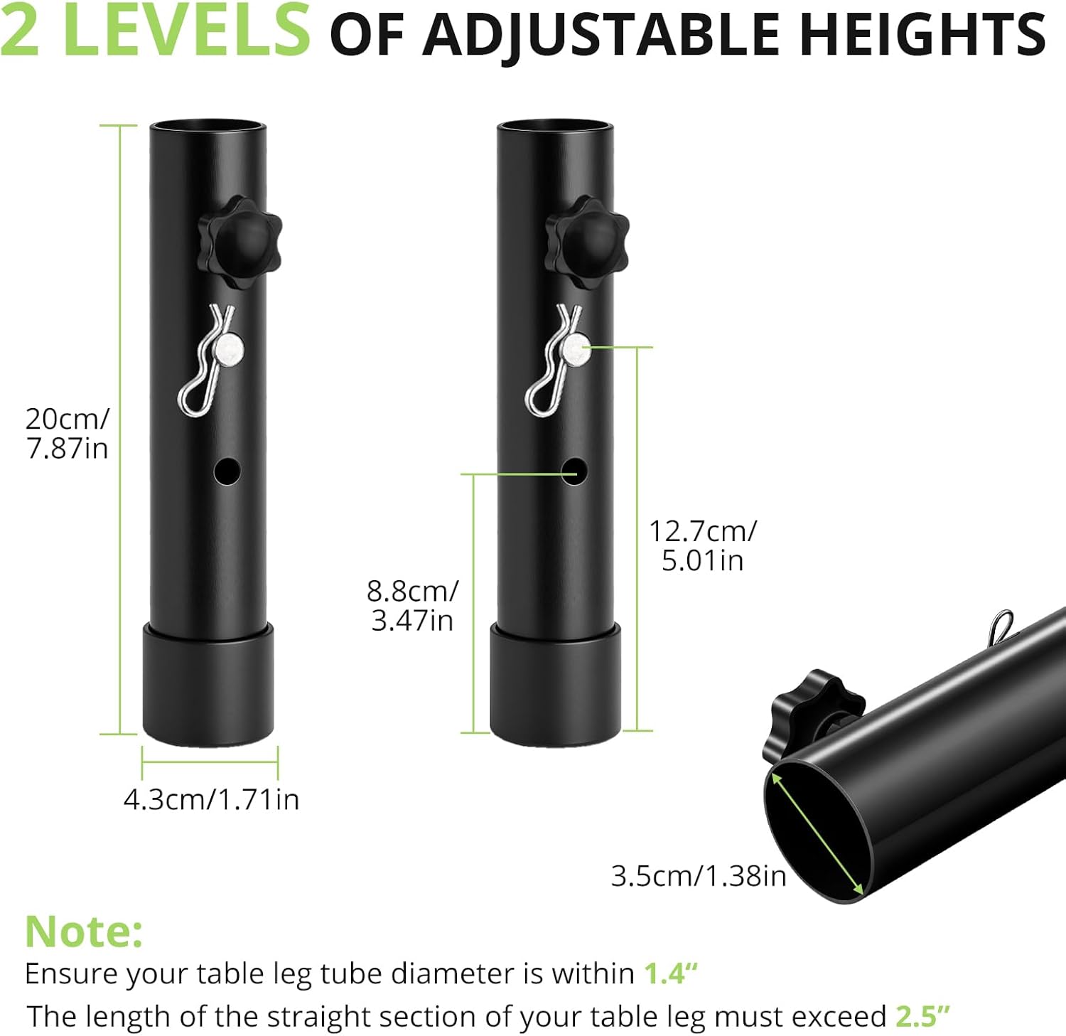 4Pack Folding Table Leg Extenders, 2 Levels Adjustable Height Rise Up to 5.3” Heavy Duty Steel Table Risers for Straight and Bent Legs Under 1.4" Diameters, Black