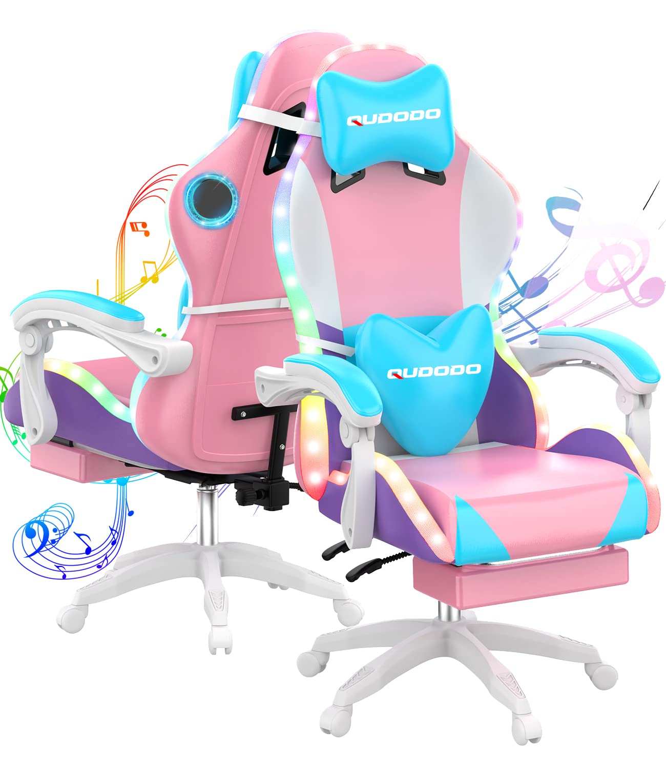 Qudodo RGB Gaming Chair with Footrest & Bluetooth Speakers,Colorful Large Ergonomic Computer Desk Chair Video Gaming Chair with LED Light Effect Adjustable Reclining Racing Gamer Chair