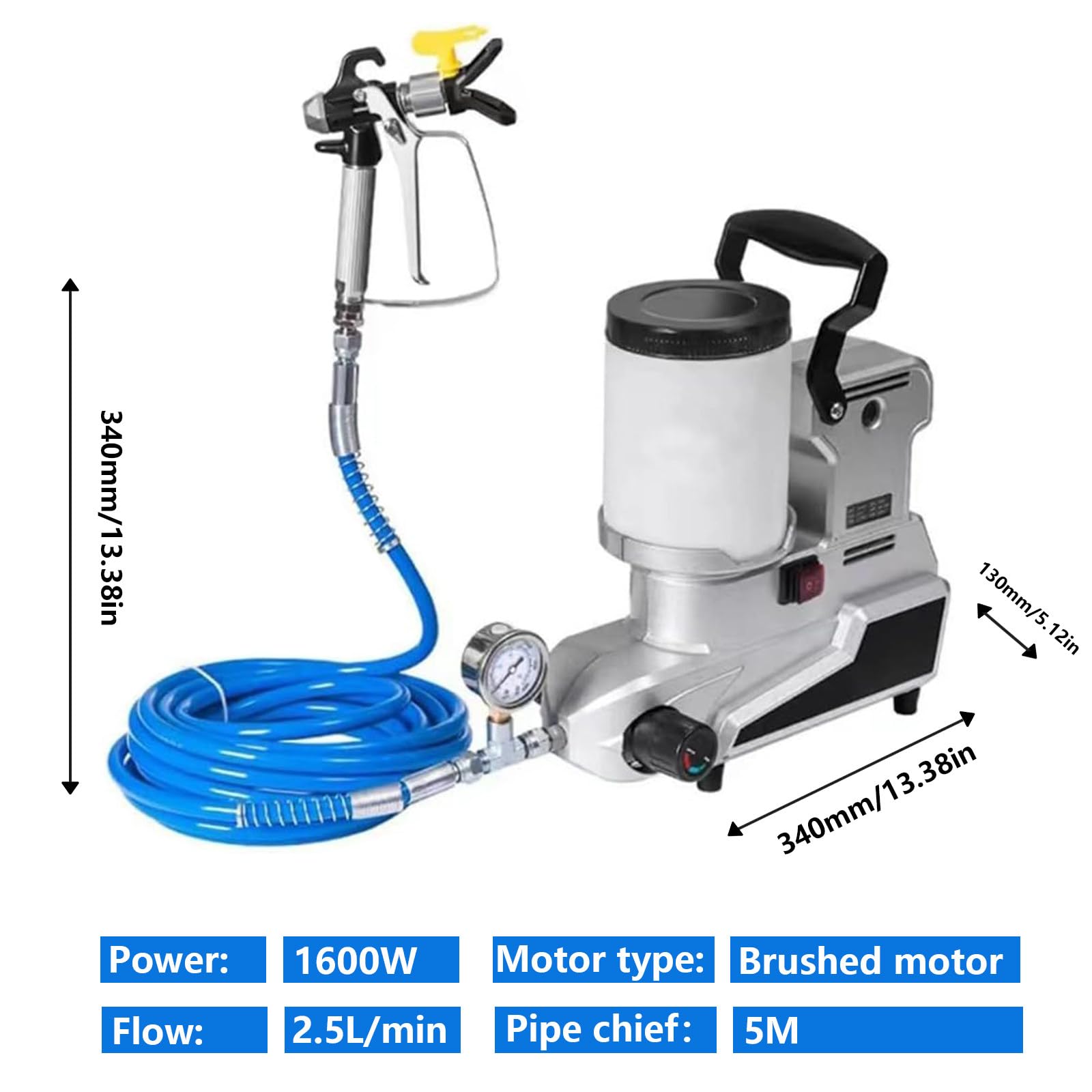 Pulverizador de Pintura sin Aire Comercial, pulverizador de Pintura de Pared sin Aire, Capacidad de 2 l, Manguera de 5 m, con 3 velocidades Ajustables,para Paredes Interi