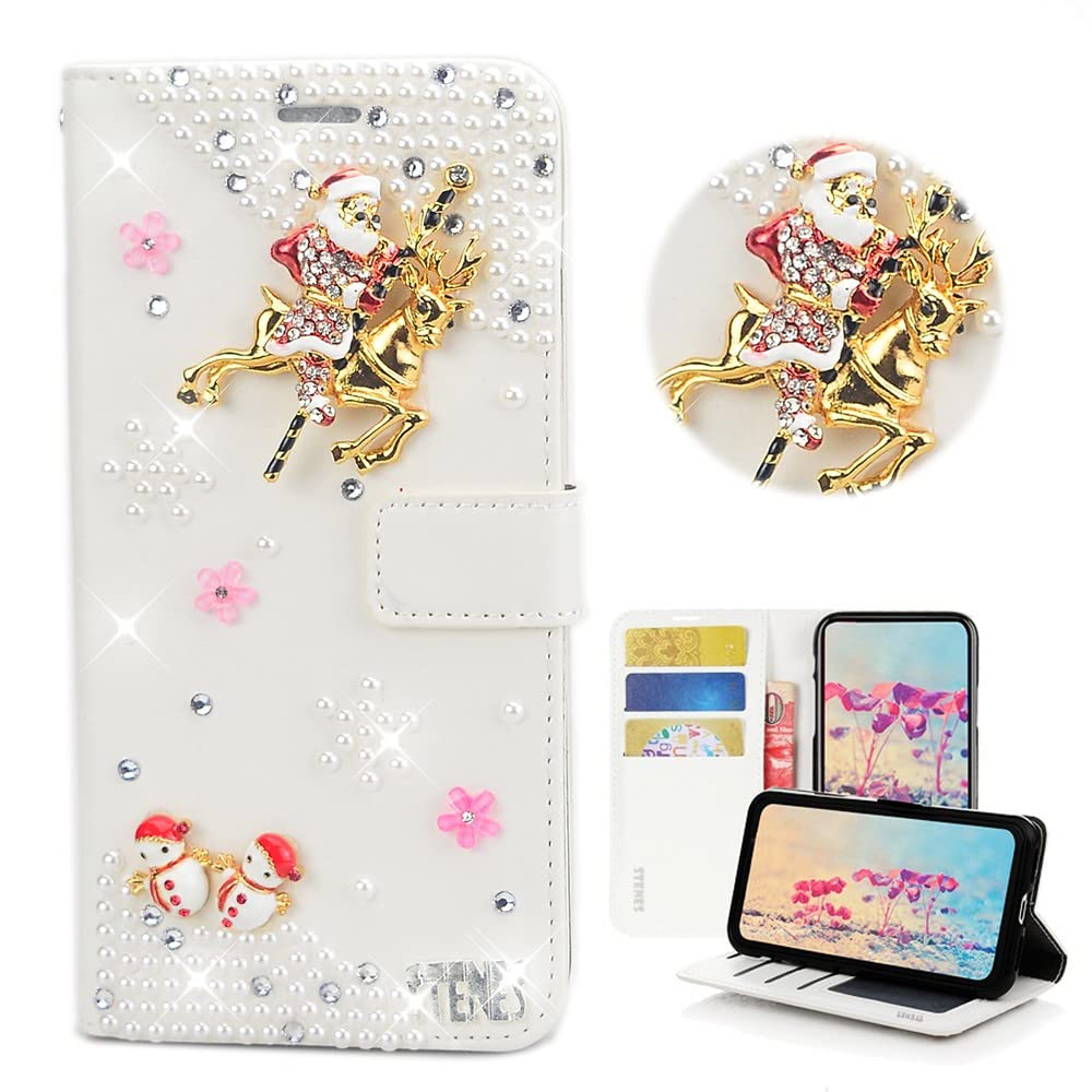 STENES Bling Wallet Phone Case Compatible with Samsung Galaxy A21s Case - Stylish - 3D Handmade Santa Claus Elk Snowman Design Magnetic Wallet Stand Leather Cover Case - White