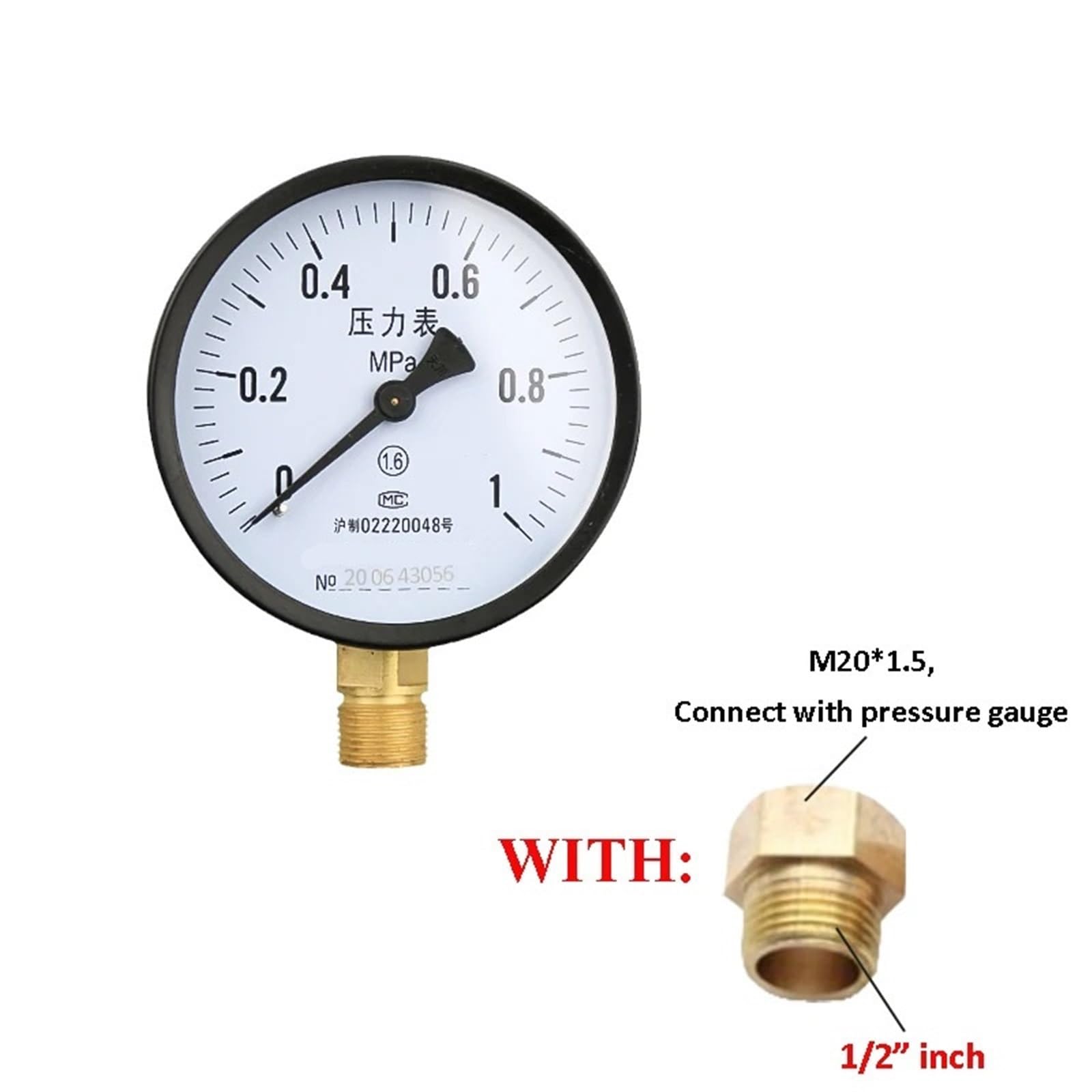 Manómetro de presión de agua/aire/vacío con dial de 100 mm Manómetro universal de agua a gas con rosca métrica M20*1,5 Unidad Manómetro Mpa(Only Gauge,0-0.1Mpa)